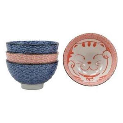 Japanese Maneki Neko 4.5D 11oz BLACK Porcelain Rice Bowls Set of 4
