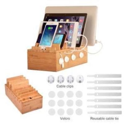 Mllieroo Bamboo Multi-Device Charging Station Dock & Organizer for 7-port Smartphones and Tablets with Cable Clips & Cable Ties
