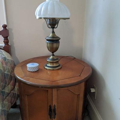 Vintage maple drum tables and brass hurricane lamp