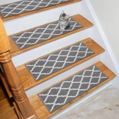 Ottomanson Geometric Trellis Design Grey Stair Treads