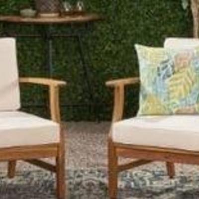 Pearl Outdoor Acacia Wood Club Chairs with Water Resistant Cushions, Set of 2, Teak Finish and Cream