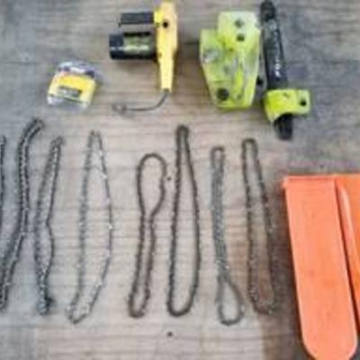 10 chainsaw chains and 2 scainsaws