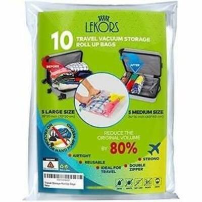 Lekors - Travel Space Saver Bags - 5 Medium and 5 Large Roll Up Storage Bags