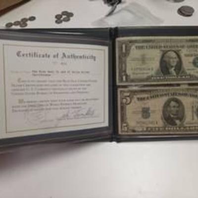 United States Blue Seal Currency - Series 1934D $5 Silver Certificate and Series 1957B $1 Silver Certificate