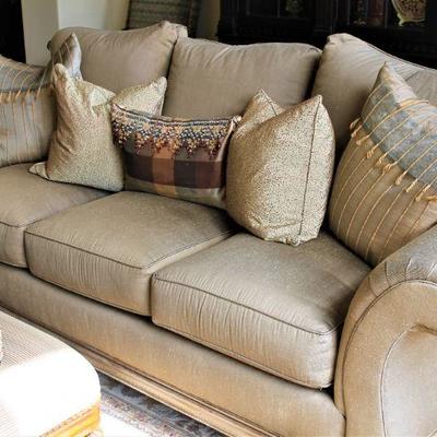Bridlewood House Upholstered Sofa with wood trim.  Stylish and Quite Comfortable.