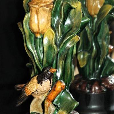 Ceramic bird and flowers candle holders.
