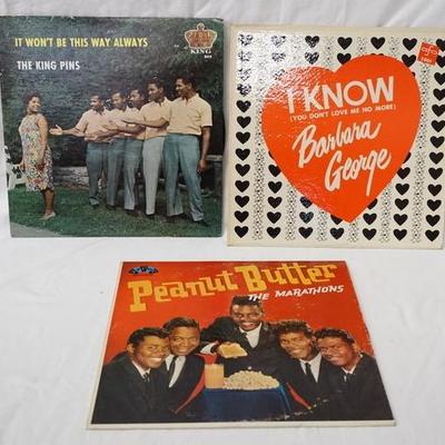 1029	LOT OF 3 R & B ALBUMS; THE KING PINS IT WONT BE THIS WAY ALWAYS, BARBARA GEORGE I KNOW YOU DONâ€™T LOVE ME NO MORE & THE MARATHONS...