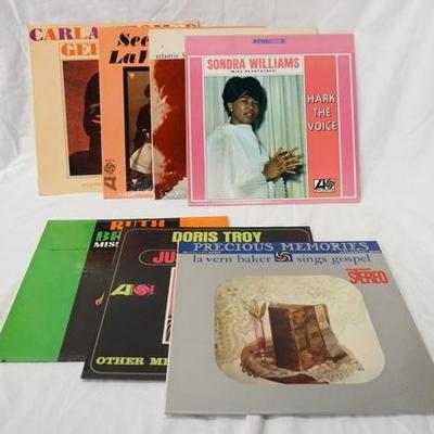1051	LOT OF SEVEN ALBUMS ON ATALANTIC RECORD LABEL; CARLA THOMAS GEE WHIZ, LAVERN BAKER SEE SEE RIDER, SELF TITLED & SINGS GOSPEL, SONDRA...