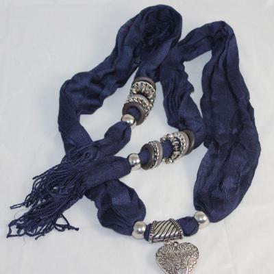 Blue Scarf/Belt with Silver Tone Rings,Beads and a Large Embossed Heart 
