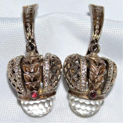 Russian Sterling Vermeil crowned Facetted Crystal with Garnets & Swarovski Crystal Pierced Earrings