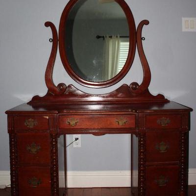 Vintage Depression Era Solid Cherry Vanity with Adjustable Oval Mirror and Vanity Stool (not Shown)