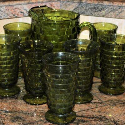 â€œWhitehallâ€  by Colony Olive Green Iced Tea Goblets (9 ea.) and  Ice Lip Pitcher (c. 1964-1980)