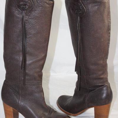 Coach  Brown Leather Calf Height Stacked Leather Heel Boots