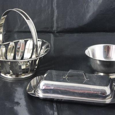 Silver Plate Leaf Basket, Oneida Silver Plate Paul Revere Bowl and a Stainless Covered Asparagus Server
