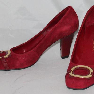 Franco Sarto Heels:  Red Suede and Patent Leather Trim  with Gold Tone Buckle