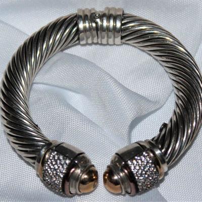 Sterling and 18KG Cable Bracelet with Pave Diamonds