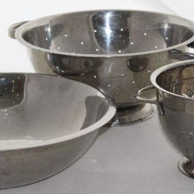 Stainless Steel Kitchen Ware:  Large Salad Bowl, Large and Small Colanders