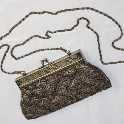 Beaded Evening Bags: Brass Frame and Chain Shoulder Strap, Brown Satin with Bronze Glass Beading