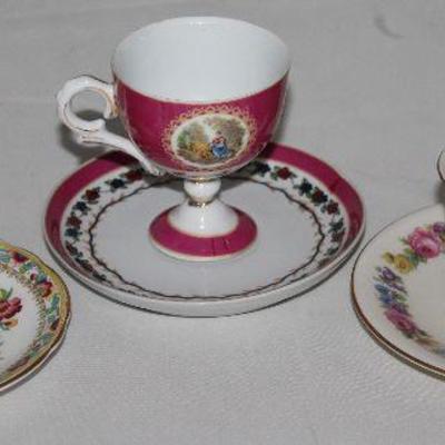 Demitasse Cups & Saucers:  Coalport â€œMing Roseâ€ (England) c.1970-1993, Signed T. Limonges(Reproduction) Footed Cup,  â€œManorâ€...
