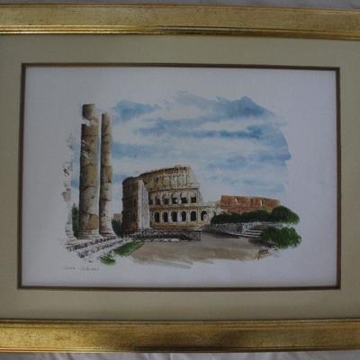 â€œRoma-Colosseumâ€ Signed by Artist Gold Gilt Frame with Mat 