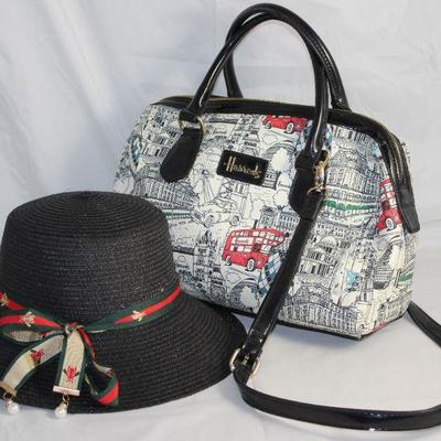 Harrods of London Black Patent Leather Trim Scenic Handbag with Shoulder Strap. Shown with Black (Paper Made) Straw Style Hat with Red...