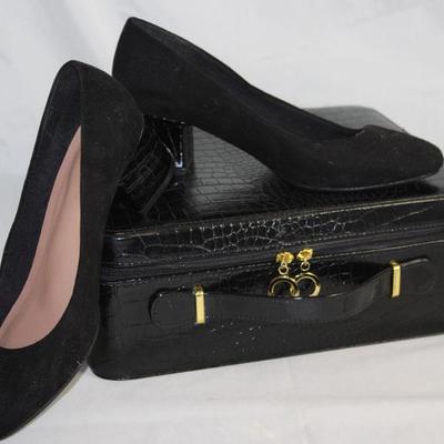 M&S Suede Leather With Stamped Crock Block Heel shown with EstÃ©e Lauder  Stamped Reptile Black Patent Sytle Travel Makeup Case