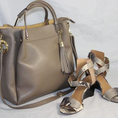Horse in Pelle Italian Leather Taupe Handbag with Removable Shoulder Strap shown with Nine West Faux Python Ankle Strap Wedge