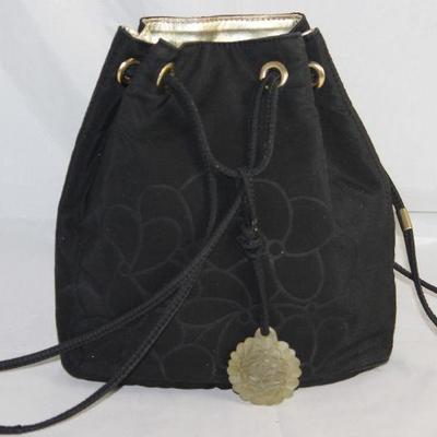 Carolina Herrera  New York Black Cloth Drawstring Hand Bag With Gold Leather Lining