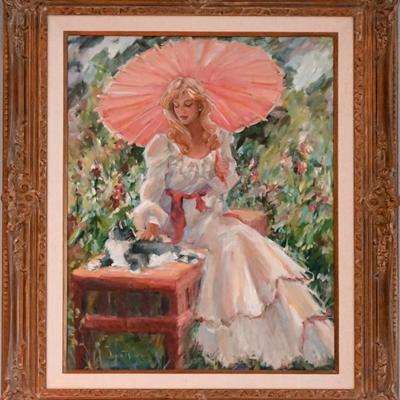 â€œSummertimeâ€  Original Oil on Canvas by Joyce Reardon.  Framed in a Baroque Style frame with a Linen Liner.  C.1987 Purchased from...