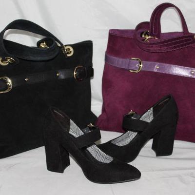 Banana Republic Black and Plum Large Suede Leather Tote BagS with Smooth Leather Belt & Buckle Trim shown with M&S Collection...
