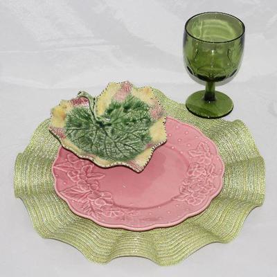 Bordallo Pinheiro: â€œIngridâ€ Salmon Dinner Plates.        (12 ea.)  and â€œAutumn Serviceâ€ Leaf Salad Plate (12 ea.) Shown with Pier...