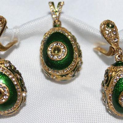 Russian Sterling Vermeil Green Enameled and Crystal Pierced Earrings and Pendant