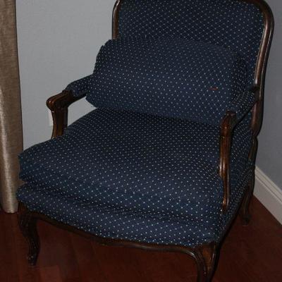 VintGe Louis XV Style Blue Custom Upholstered Bergere Fruteuil Arm Chair with Matching Back Support Pillow 