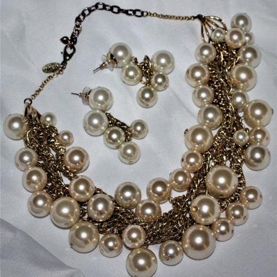 Scaasi Gold tone MultiChain and Simulated Pearl Necklace and Matching Earrings