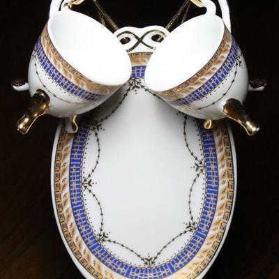 Miniature Footed Porcelain Cups and Tray with Display Stand 