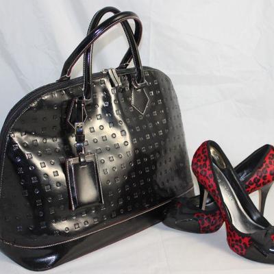 Arcadia Italian Large Embossed Top Stitched Black Leather Handbag Shown with White House/Black Market Red & Black Leopard Print w/...