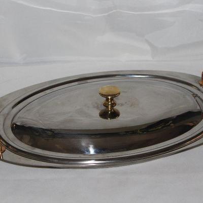 Stainless 2 Quart Oval Bolero Design Brass Handle Covered Serving Dish With Glass Bowl (16.5â€ x 10.5â€)