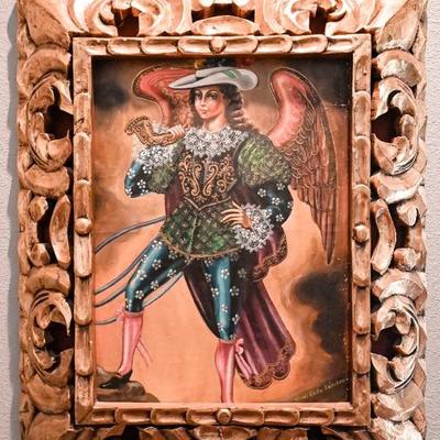Angel with Horn  (12â€x16â€) Original Art by Jesus Callo Sanchez in Ornate Gold Gild Wood 4â€ Frame.        (Overall 19â€ x23â€)