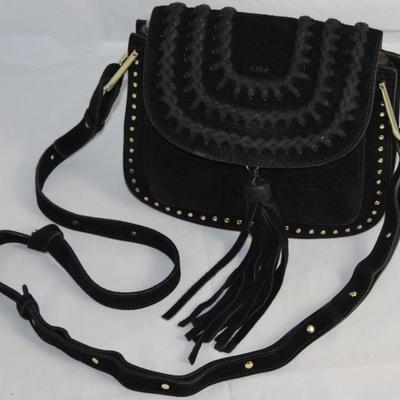 Chloe Made in Italy  Authentic Vintage Black Suede Leather  with Tasseled Closure, Braided Top Stitching, Gold Tone Studded Boarder and...