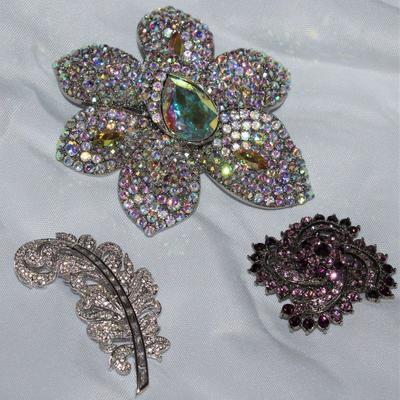 Crystal & Rhinestone Brooches: Crystal Feather, Large Austrian Crystal 4â€ Flower Brooch/Pendant & Purple and Pink Rhinestone...