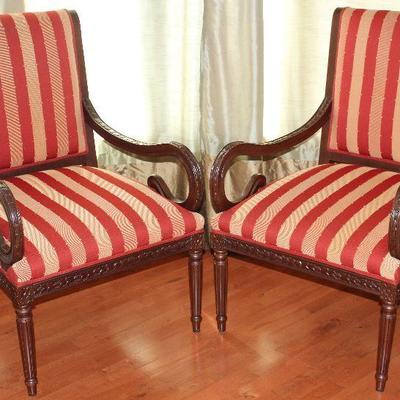 Federal Style Wood Frame Arm Chairs withShepherds Staff Curve Arm and Red and Gold Ribbon Stripe Upholstery.
