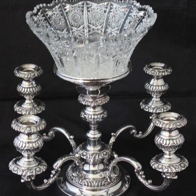 Israel Freeman  Silver Antique Victorian Epergne Candelabra. (18â€D x 11â€H)  Shown with Large Cut Crystal Bowl (9 1/2â€D x 5. 1/5â€H)