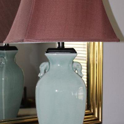 Celadon Green Ceramic Table Lamp on a Brass Base and  A Brass Knob Finial with Brown Shade (28â€H)