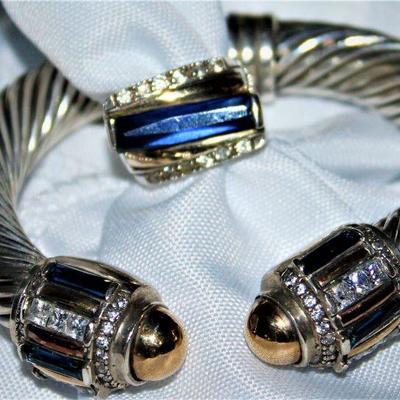 Sterling with 18K Gold Cable Bracelet with Crystals & Blue Topaz Stone shown with a Matching Ring