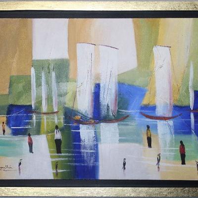Original Artwork Oil on Canvas signed byte  Artist. Framed in a gold leaf frame with black liner. Abstract of sailboats with penguins in...