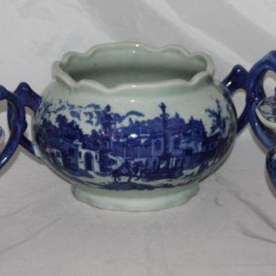 Victoria Ware Reproduction Flow Blur Style:  Covered Dish 7 1/2â€H x 7 3/4â€ D x 10 3/4â€ W (to handle)                Chamber Pot ( 6...