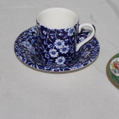 Demitasse Cups & Saucer: Green â€œWillowâ€  Transferware, â€œCalicoâ€ Burleigh Staffordshire and Dresden Germany Gold Trim Floral
