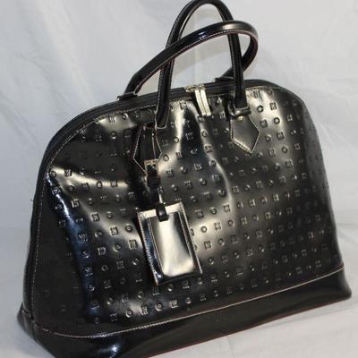 Arcadia Italian Large Embossed Top Stitched Black Leather Handbag