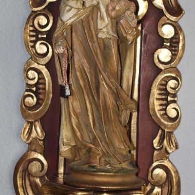Italy Red Florentine Wall Shelf (20 1/2â€ X 10â€) with Fabric Draped Sculptured â€œMary with Christ Childâ€ Statue (13â€)