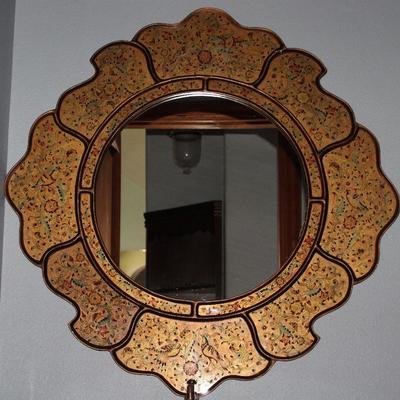 Reversed Painted Gold Birds and Floral Mirror (39â€D)